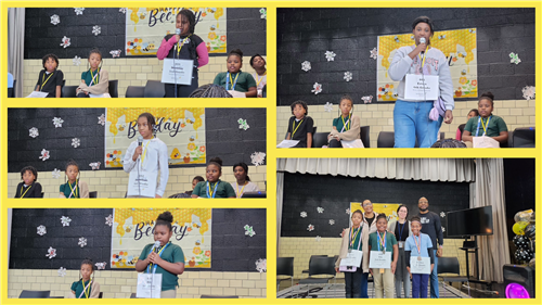 Students holding microphone while participating in school spelling bee, students pose with teachers after placing in bee